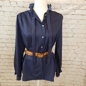 SALE PRICE>>VINTAGE NAVY/WHITE BLOUSE BY LUCKY WINNER WITH RUFFLE SLEEVES SZ l
